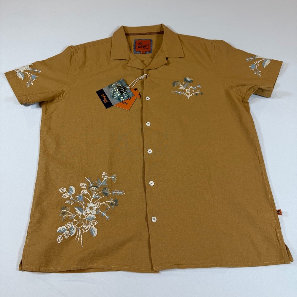 Newport Brown Floral Embroidered Linen Polo Shirt-Casual -NWT-‎ Medium